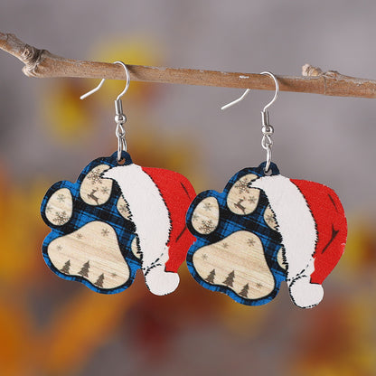 1 Pair Retro Christmas Hat Paw Print Wood Drop Earrings