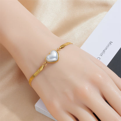 Retro Heart Shape Titanium Steel Plating Inlay Artificial Pearls 18k Gold Plated Bracelets