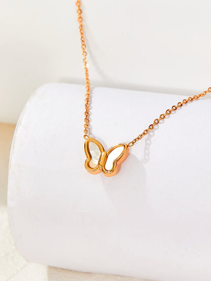 Elegant Simple Style Classic Style Butterfly Stainless Steel Plating Inlay Shell 14k Gold Plated Pendant Necklace