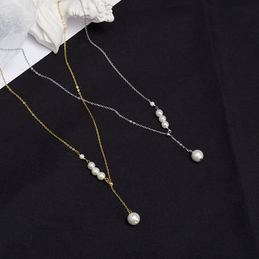 Simple Style Round Sterling Silver Plating Inlay Artificial Pearls Zircon Silver Plated Pendant Necklace