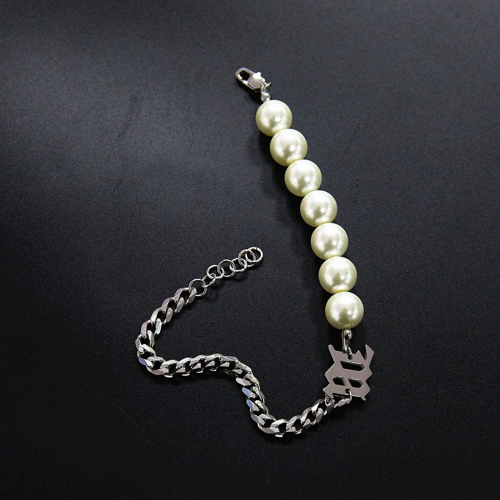 Hip-hop Color Block Stainless Steel Artificial Pearl Beaded Bracelets Necklace