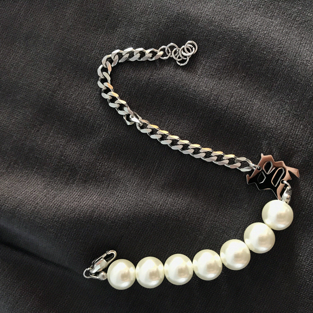 Hip-hop Color Block Stainless Steel Artificial Pearl Beaded Bracelets Necklace