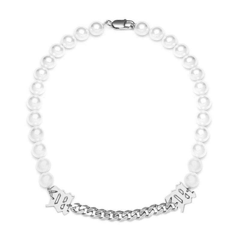 Hip-hop Color Block Stainless Steel Artificial Pearl Beaded Bracelets Necklace