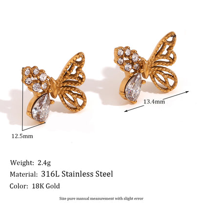 1 Pair Simple Style Classic Style Butterfly Plating Inlay Stainless Steel Zircon 18k Gold Plated Ear Studs