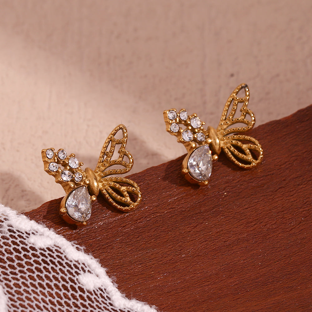 1 Pair Simple Style Classic Style Butterfly Plating Inlay Stainless Steel Zircon 18k Gold Plated Ear Studs