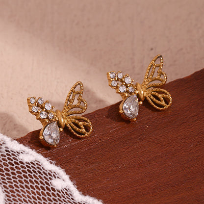 1 Pair Simple Style Classic Style Butterfly Plating Inlay Stainless Steel Zircon 18k Gold Plated Ear Studs