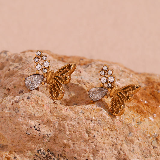 1 Pair Simple Style Classic Style Butterfly Plating Inlay Stainless Steel Zircon 18k Gold Plated Ear Studs