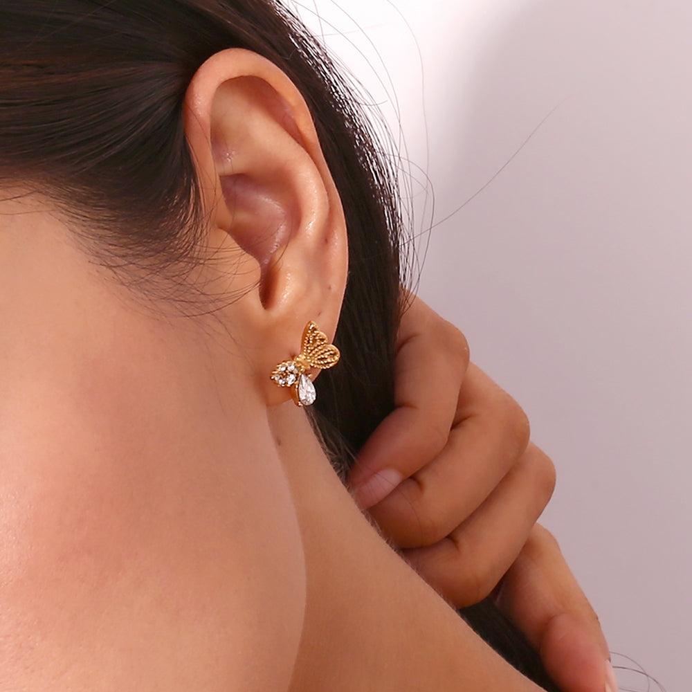 1 Pair Simple Style Classic Style Butterfly Plating Inlay Stainless Steel Zircon 18k Gold Plated Ear Studs