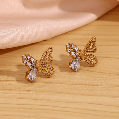 1 Pair Simple Style Classic Style Butterfly Plating Inlay Stainless Steel Zircon 18k Gold Plated Ear Studs