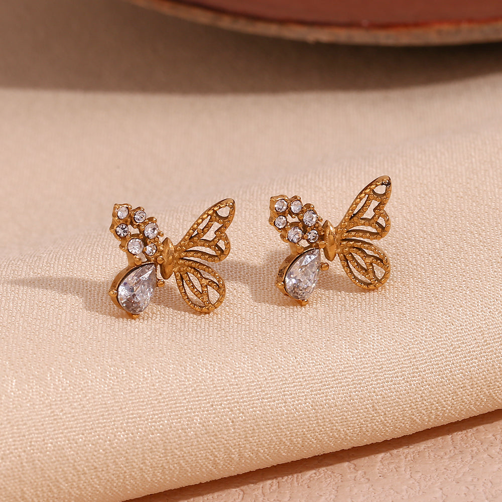 1 Pair Simple Style Classic Style Butterfly Plating Inlay Stainless Steel Zircon 18k Gold Plated Ear Studs