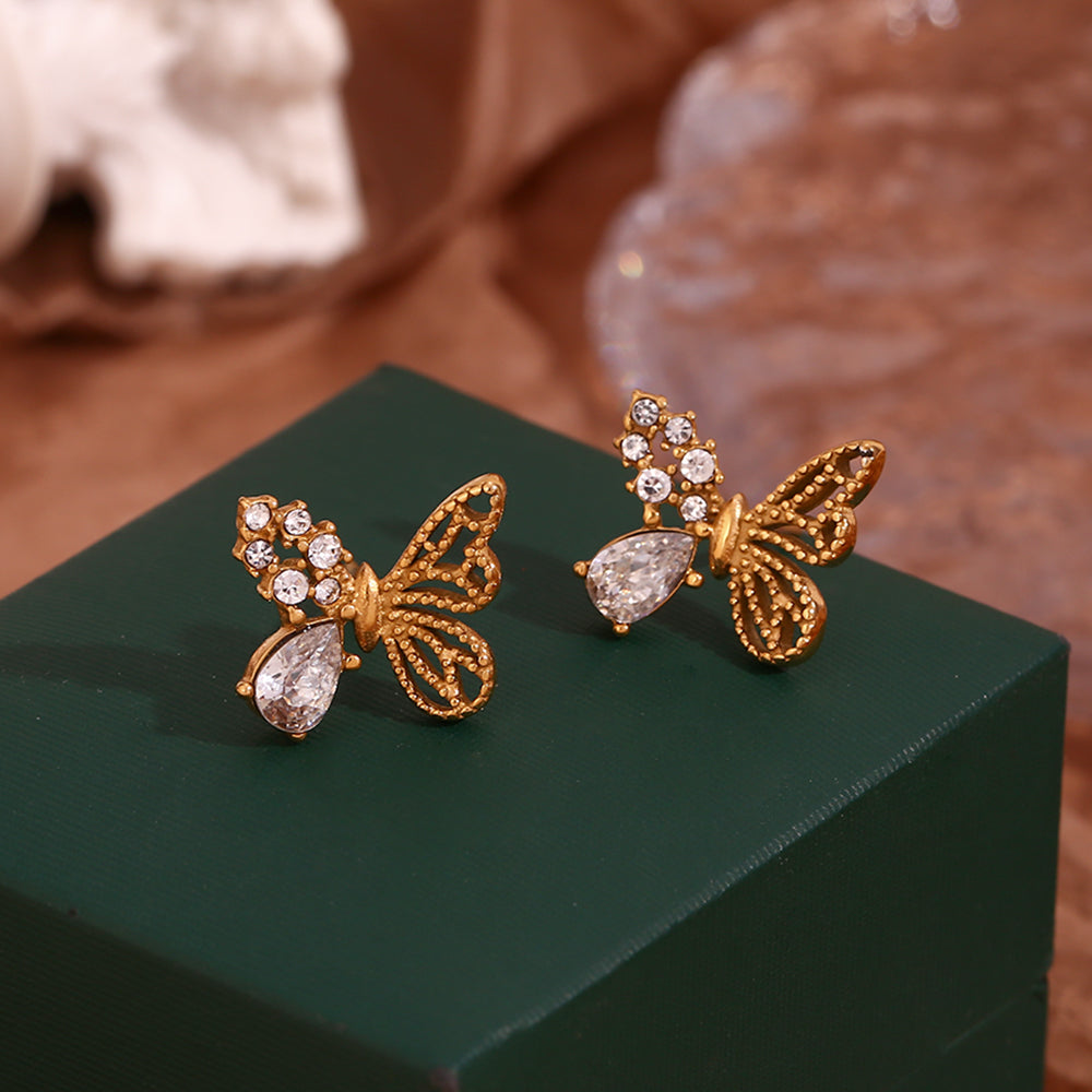 1 Pair Simple Style Classic Style Butterfly Plating Inlay Stainless Steel Zircon 18k Gold Plated Ear Studs