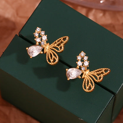 1 Pair Simple Style Classic Style Butterfly Plating Inlay Stainless Steel Zircon 18k Gold Plated Ear Studs