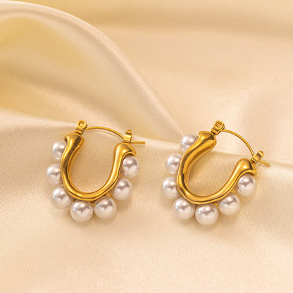 1 Pair Retro Baroque Style Geometric Solid Color Epoxy Plating Inlay Titanium Steel Artificial Pearls 18k Gold Plated Hoop Earrings