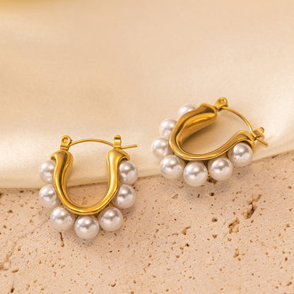 1 Pair Retro Baroque Style Geometric Solid Color Epoxy Plating Inlay Titanium Steel Artificial Pearls 18k Gold Plated Hoop Earrings