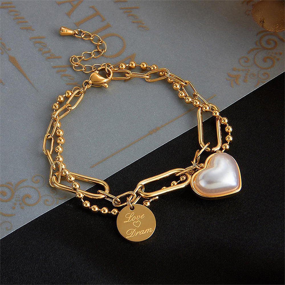 Elegant Lady Heart Shape Titanium Steel Plating Inlay Pearl 18k Gold Plated Bracelets