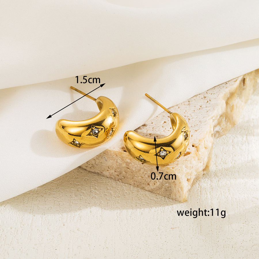 1 Pair Elegant Retro Roman Style C Shape Plating Inlay Stainless Steel Zircon 18k Gold Plated Ear Studs