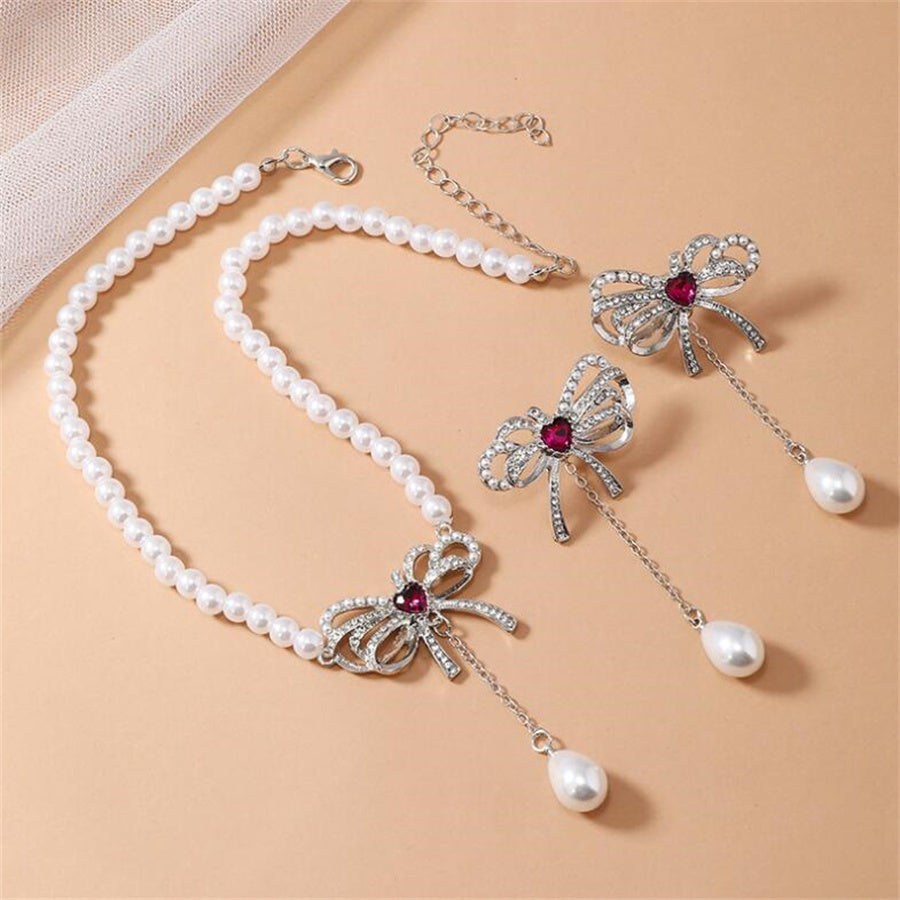 Elegant Bow Knot Imitation Pearl Alloy Inlay Rhinestones Women's Earrings Necklace