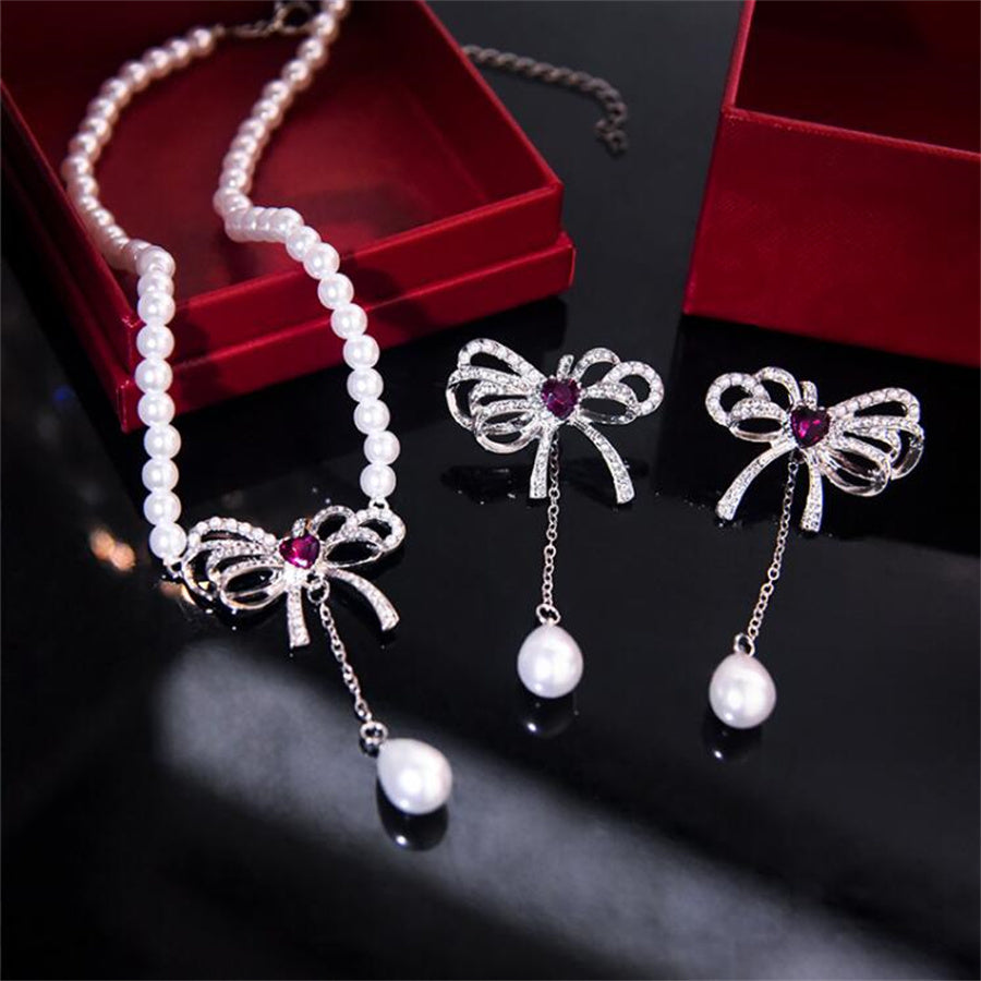 Elegant Bow Knot Imitation Pearl Alloy Inlay Rhinestones Women's Earrings Necklace