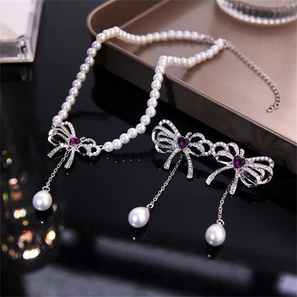 Elegant Bow Knot Imitation Pearl Alloy Inlay Rhinestones Women's Earrings Necklace