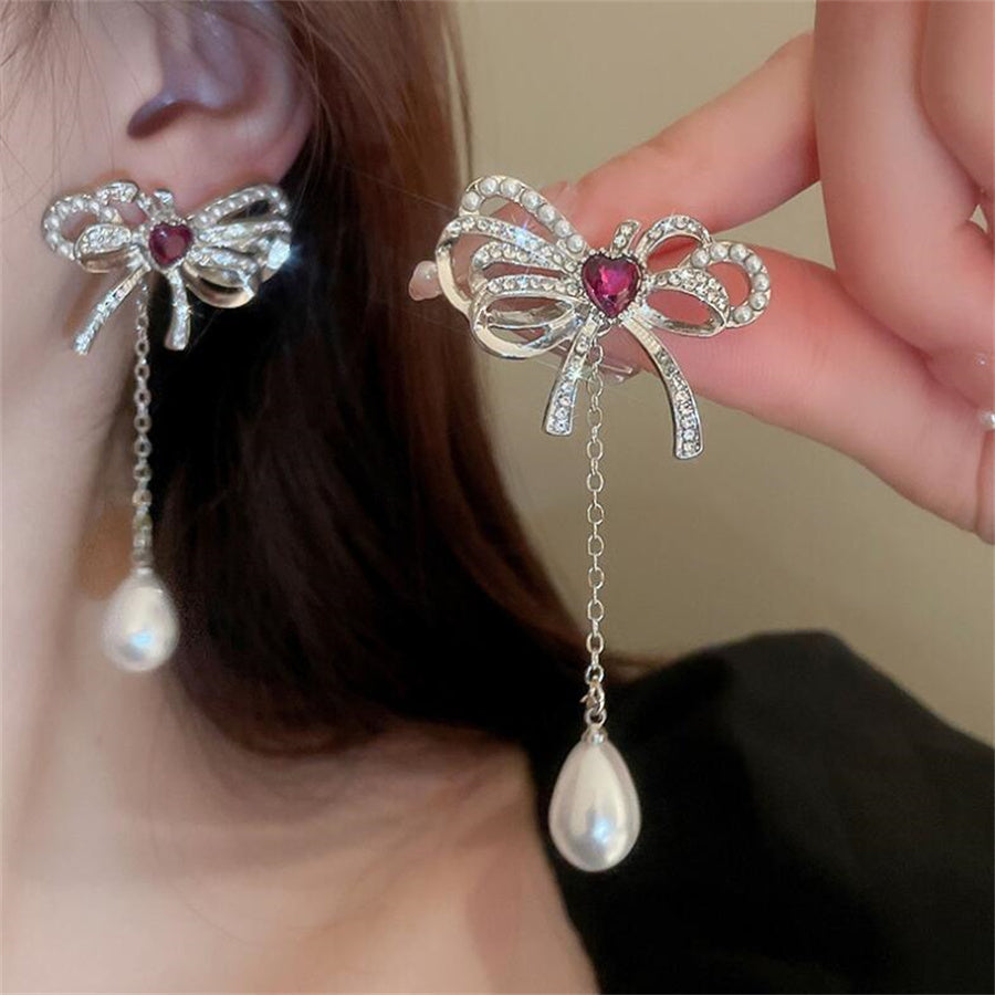 Elegant Bow Knot Imitation Pearl Alloy Inlay Rhinestones Women's Earrings Necklace