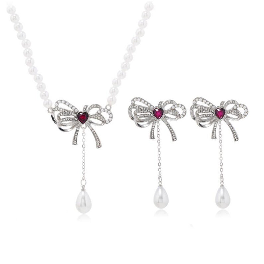 Elegant Bow Knot Imitation Pearl Alloy Inlay Rhinestones Women's Earrings Necklace