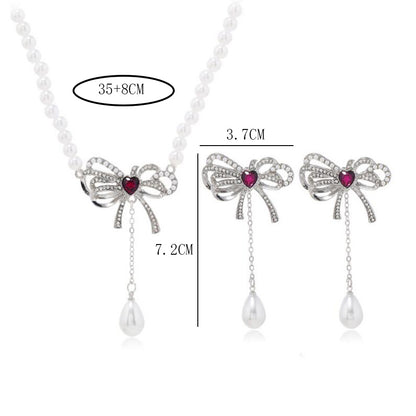 Elegant Bow Knot Imitation Pearl Alloy Inlay Rhinestones Women's Earrings Necklace