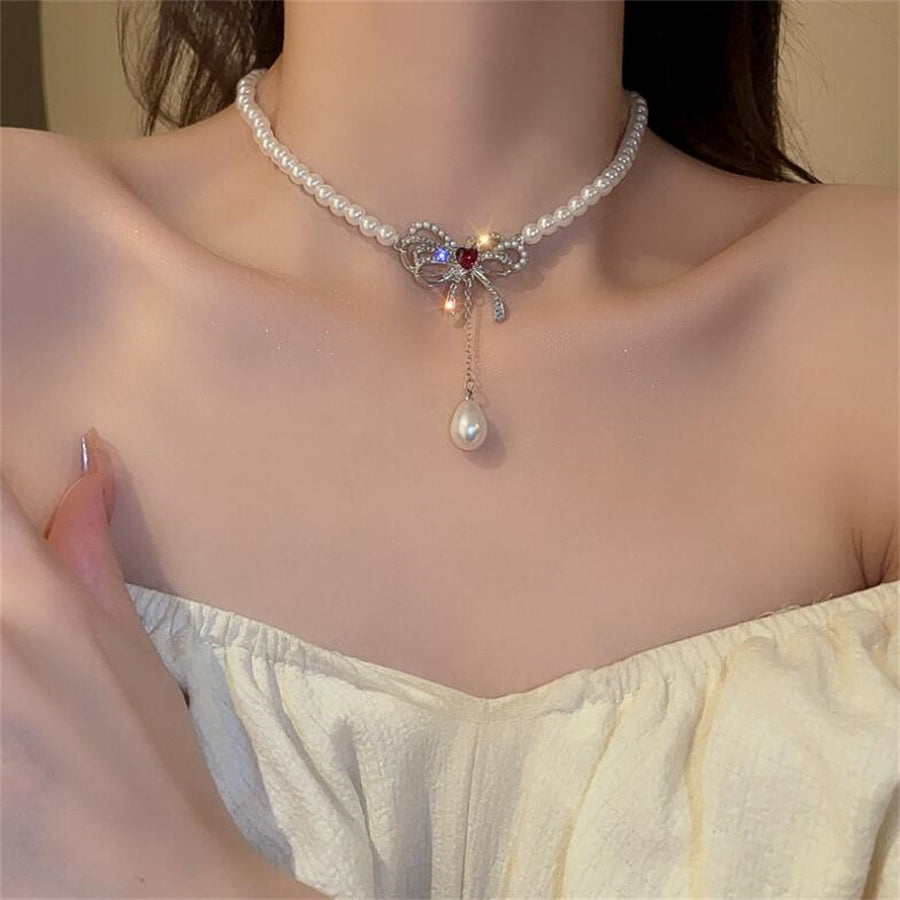 Elegant Bow Knot Imitation Pearl Alloy Inlay Rhinestones Women's Earrings Necklace