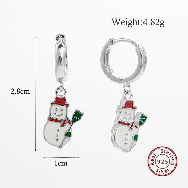 1 Pair Cute Snowman Epoxy Plating Sterling Silver White Gold Plated Rhodium Plated Drop Earrings