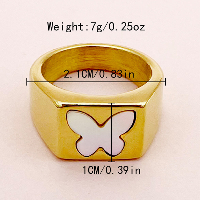 Modern Style Round Moon Butterfly Stainless Steel Plating Inlay Shell 14k Gold Plated Rings