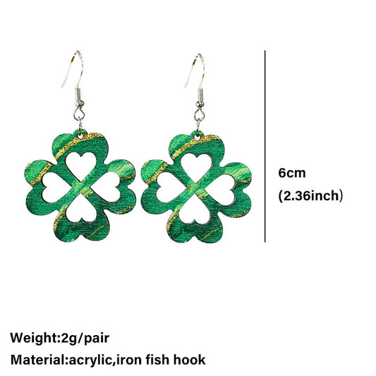 1 Pair Cute Four Leaf Clover Smiley Face Flower Wood Drop Earrings