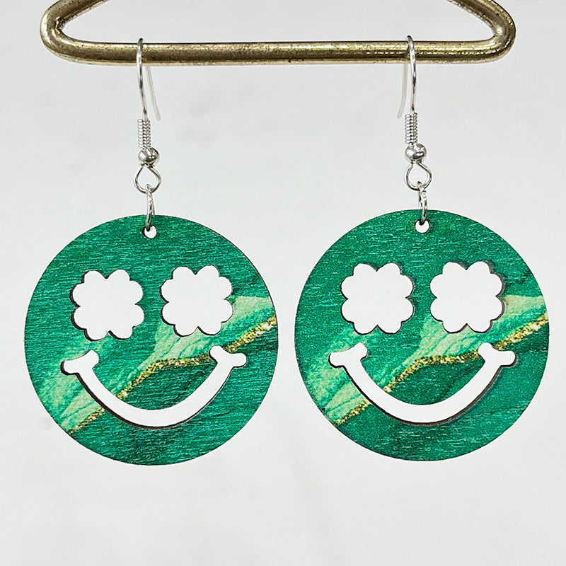 1 Pair Cute Four Leaf Clover Smiley Face Flower Wood Drop Earrings