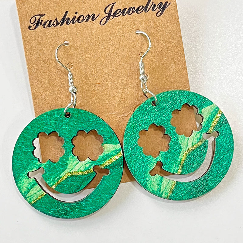 1 Pair Cute Four Leaf Clover Smiley Face Flower Wood Drop Earrings