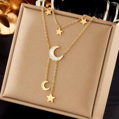 Wholesale Romantic Simple Style Star Moon Stainless Steel Plating Gold Plated Layered Necklaces