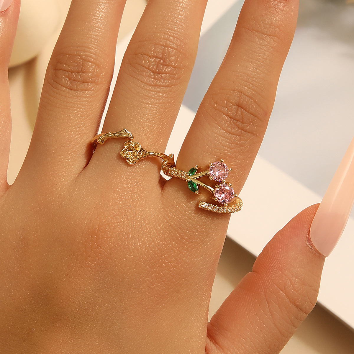 Vintage Style Cherry Flower Copper Plating Inlay Zircon Gold Plated Open Rings