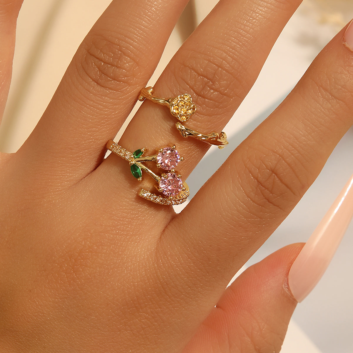 Vintage Style Cherry Flower Copper Plating Inlay Zircon Gold Plated Open Rings