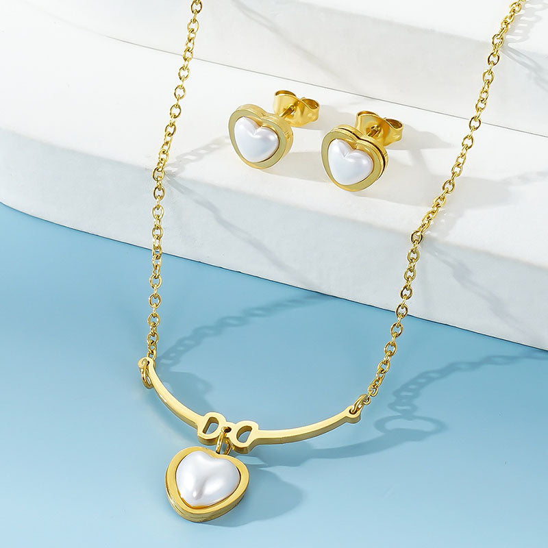 Romantic Sweet Heart Shape Stainless Steel Titanium Steel Plating Inlay Pearl 18k Gold Plated Jewelry Set