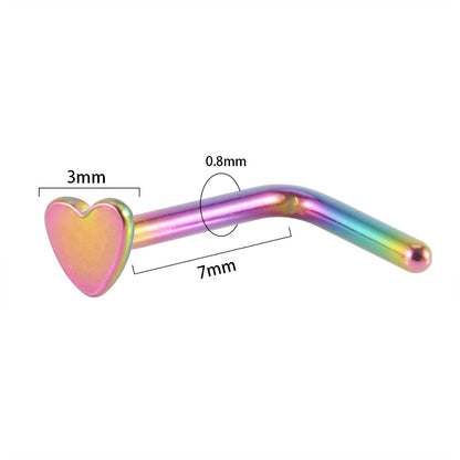 European And American Stainless Steel Heart-shaped Nose Stud Plated Curved Rod S-shaped Electric Color Nose Ring Cross-border Love Piercing L-shaped Mini Nose Studs