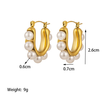 1 Pair Retro Baroque Style Geometric Solid Color Epoxy Plating Inlay Titanium Steel Artificial Pearls 18k Gold Plated Hoop Earrings