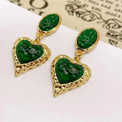 1 Pair Retro Heart Shape Plating Resin Metal Drop Earrings