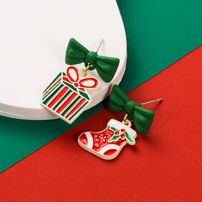 1 Pair Cute Christmas Streetwear Christmas Tree Santa Claus Christmas Socks Enamel Inlay Alloy Rhinestones Drop Earrings
