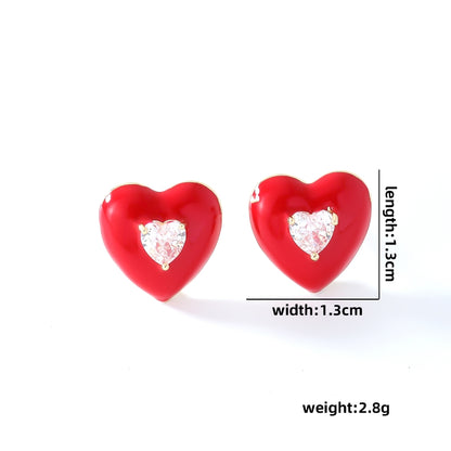 1 Pair Cute Simple Style Heart Shape Enamel Inlay Copper Zircon Gold Plated Ear Studs