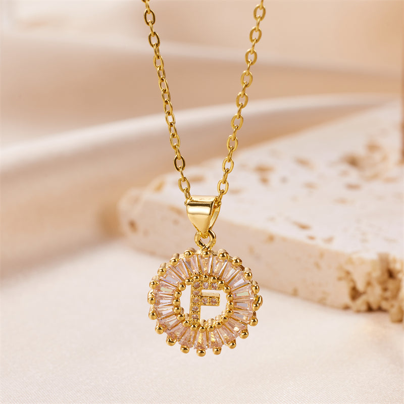 Simple Style Letter Stainless Steel Copper Plating Inlay Artificial Diamond 18k Gold Plated Pendant Necklace