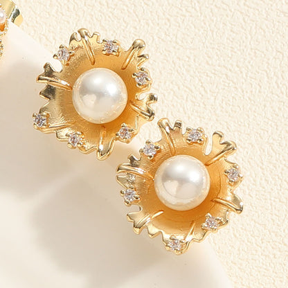 1 Pair Simple Style Commute Flower Plating Inlay Copper Pearl Zircon 14k Gold Plated Drop Earrings