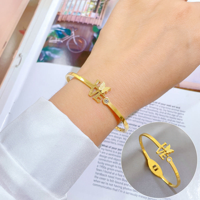 Simple Style Classic Style Letter Butterfly Titanium Steel Inlay Artificial Gemstones Bangle