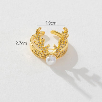 Cute Simple Style Streetwear Antlers Copper Plating Inlay Artificial Pearls Zircon Open Rings