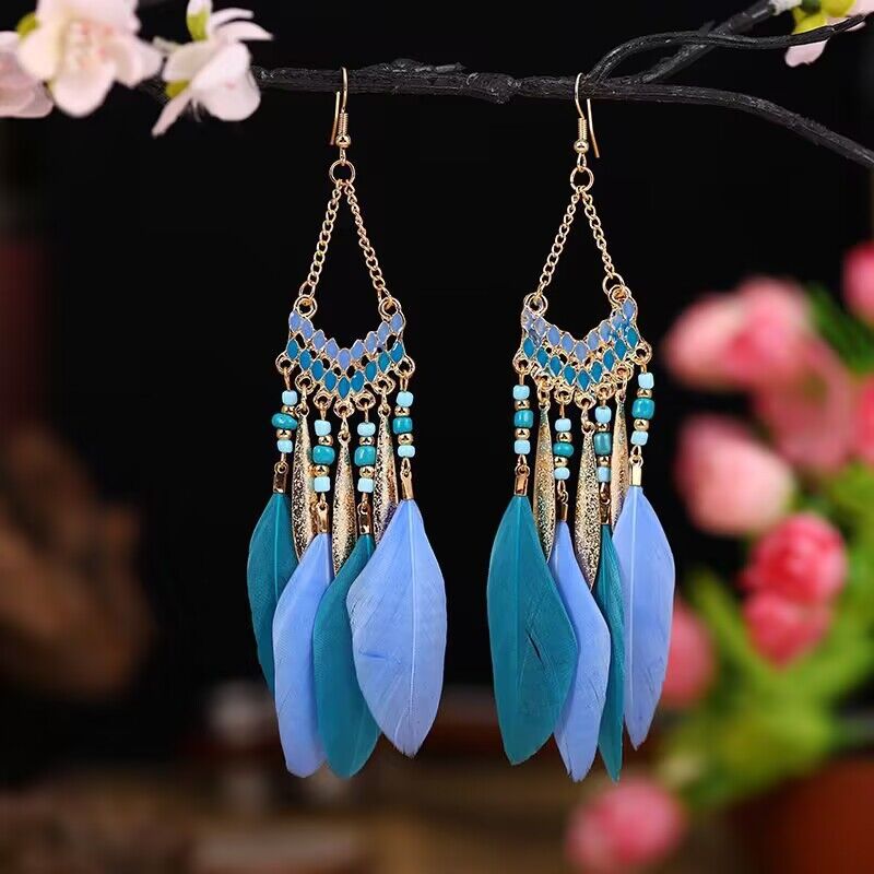 Wholesale Jewelry 1 Pair Bohemian Water Droplets Tassel Feather Alloy Feather Drop Earrings