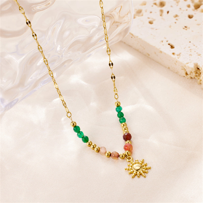 Wholesale Elegant Lady Sun Stainless Steel Natural Stone Plating 18k Gold Plated Pendant Necklace