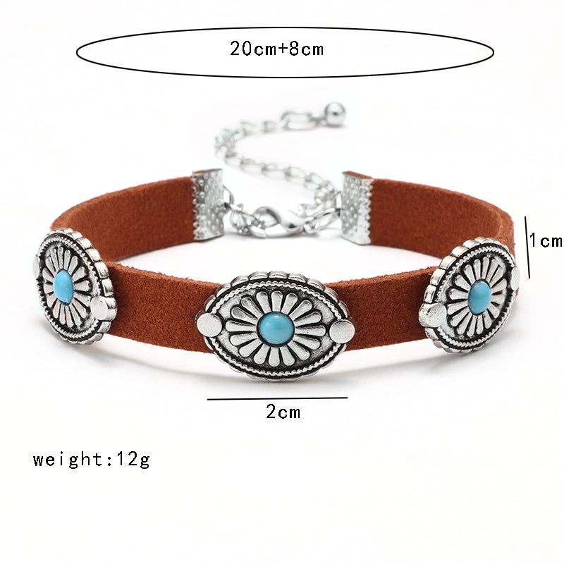 Fashion Oval Pu Leather Inlay Turquoise Bracelets Necklace