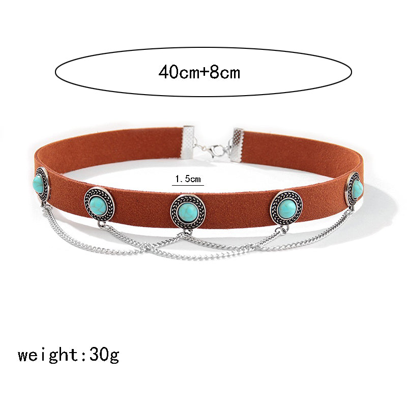 Fashion Oval Pu Leather Inlay Turquoise Bracelets Necklace