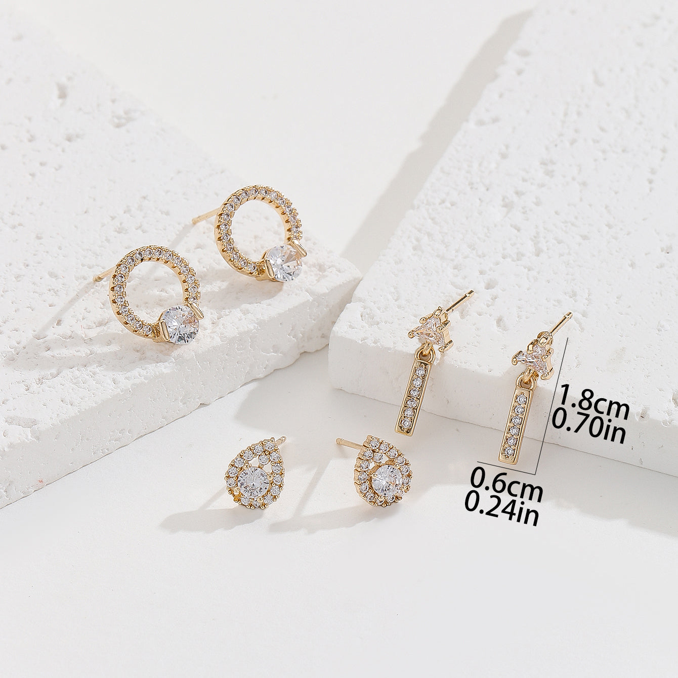 3 Pairs Elegant Lady Water Droplets Plating Inlay Copper Zircon Gold Plated Ear Studs